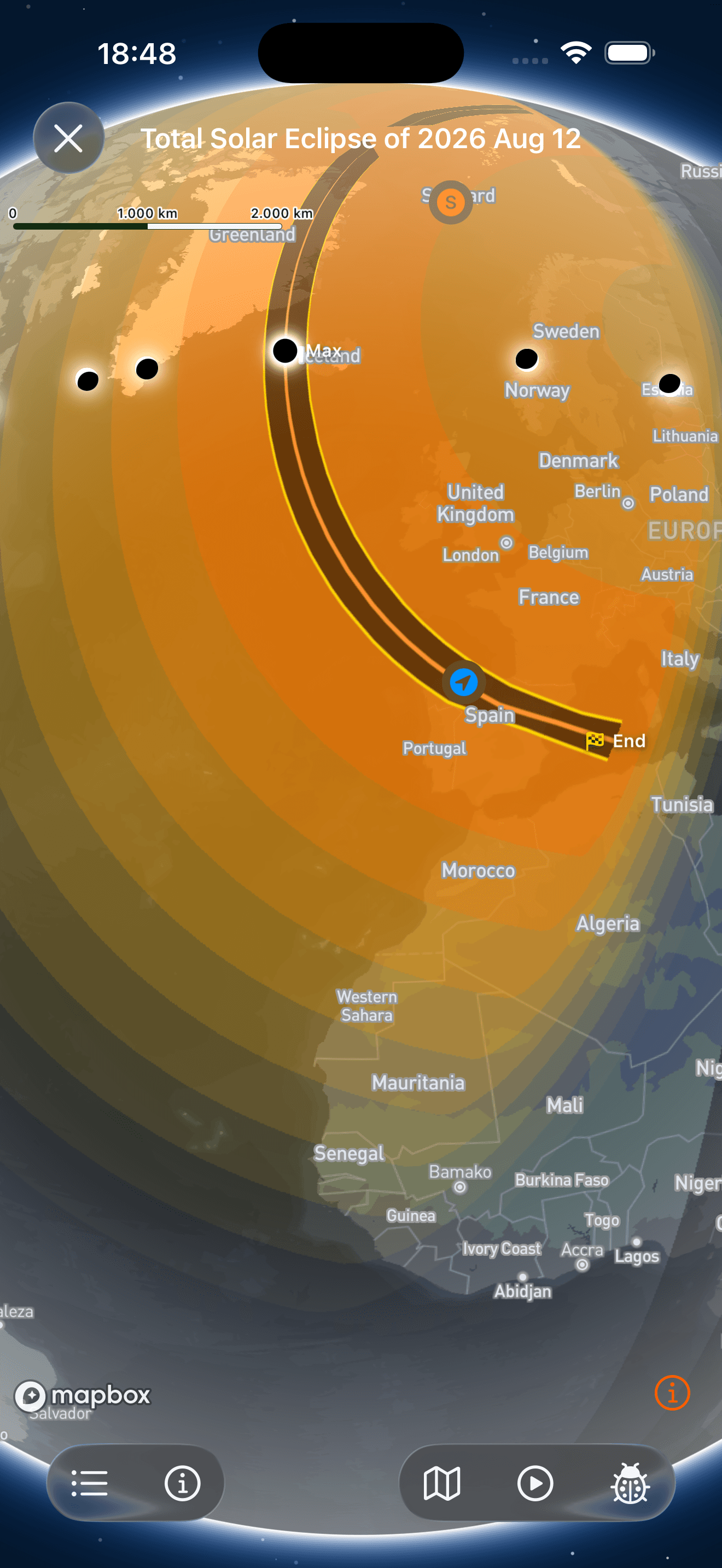 August 2026 eclipse overview map in SolarWatch