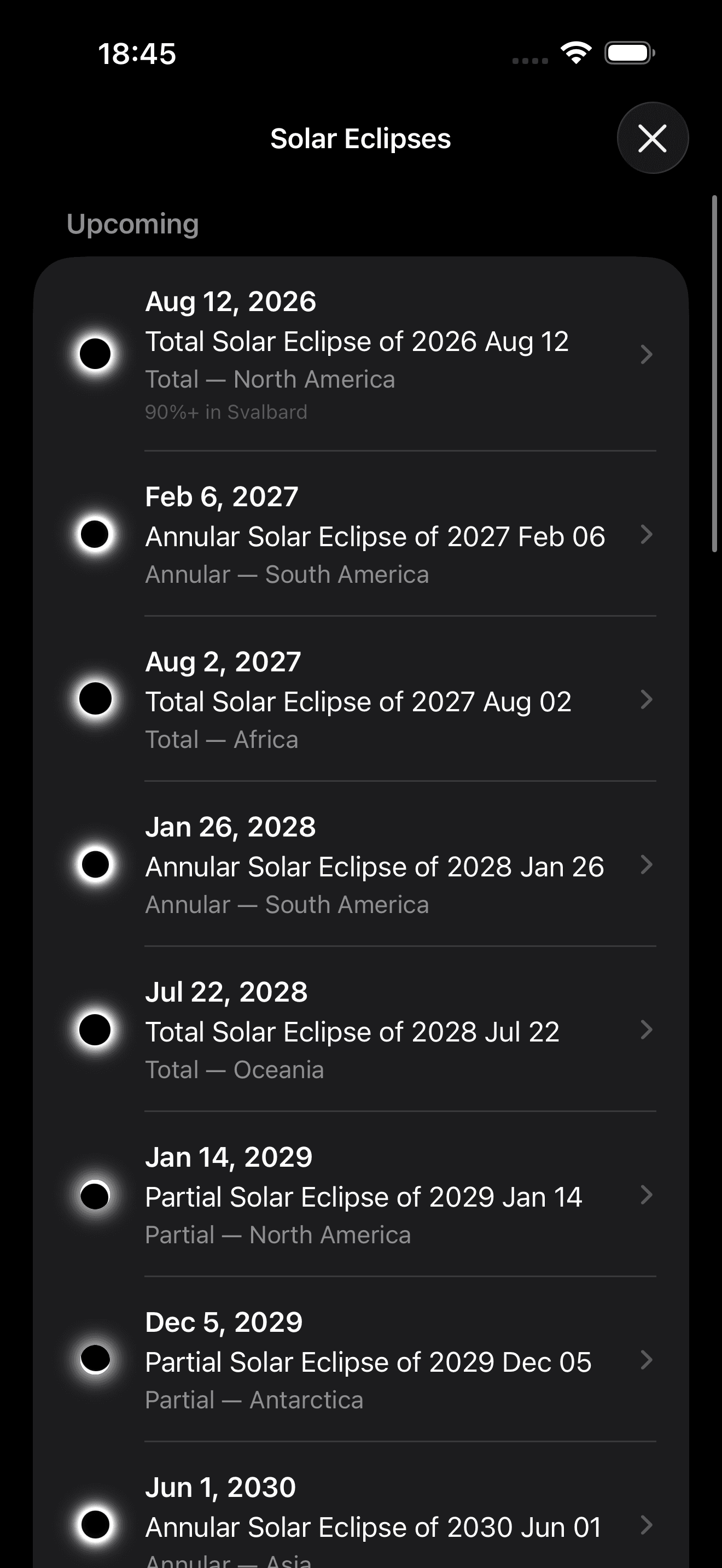 SolarWatch Solar Eclipse Catalog list