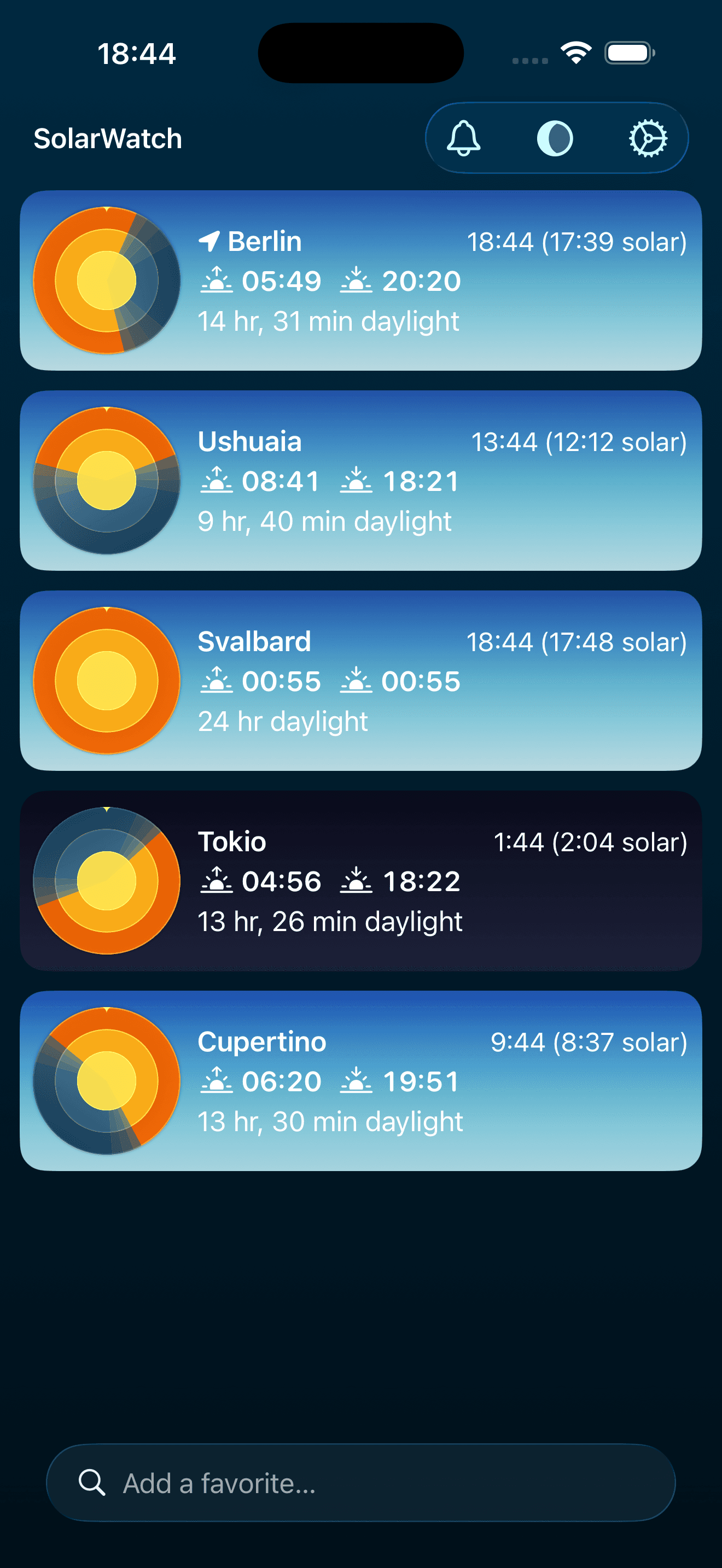 SolarWatch favorite cities list