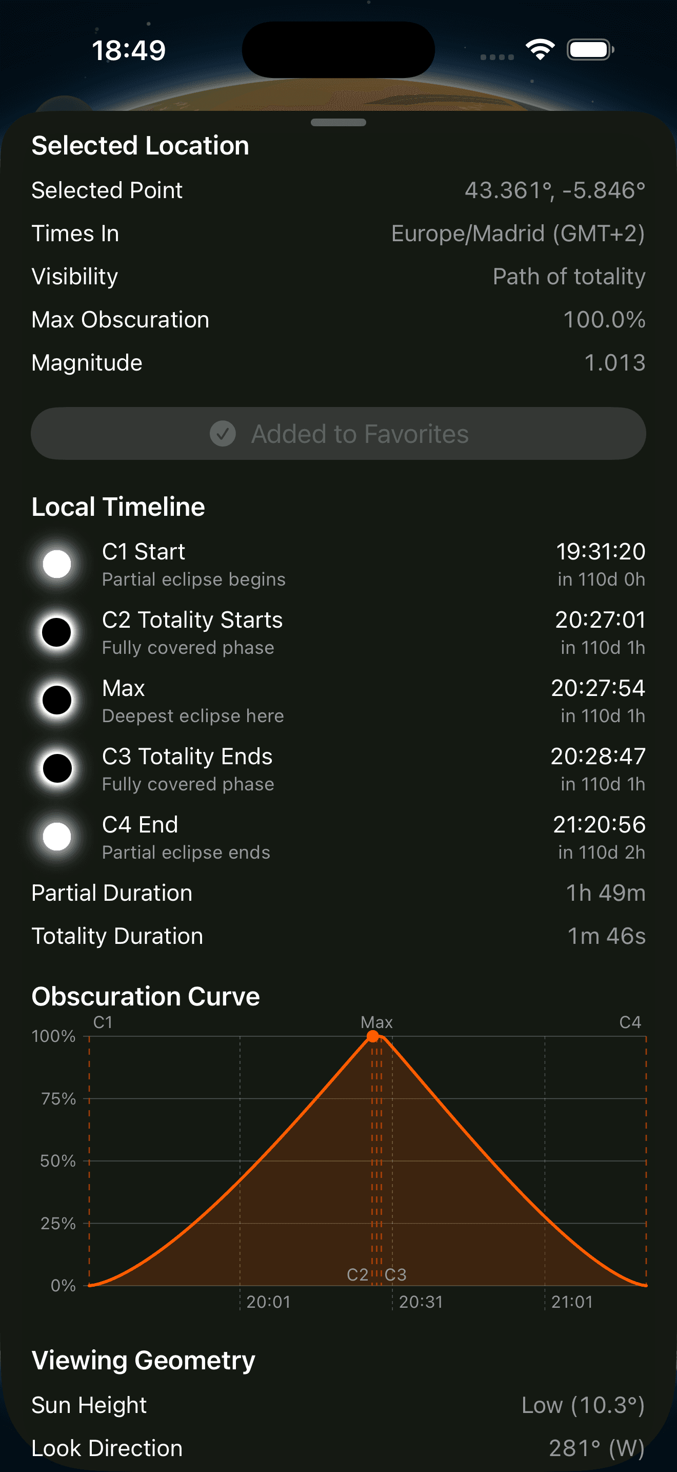 Local eclipse detail sheet with contact timeline and obscuration curve