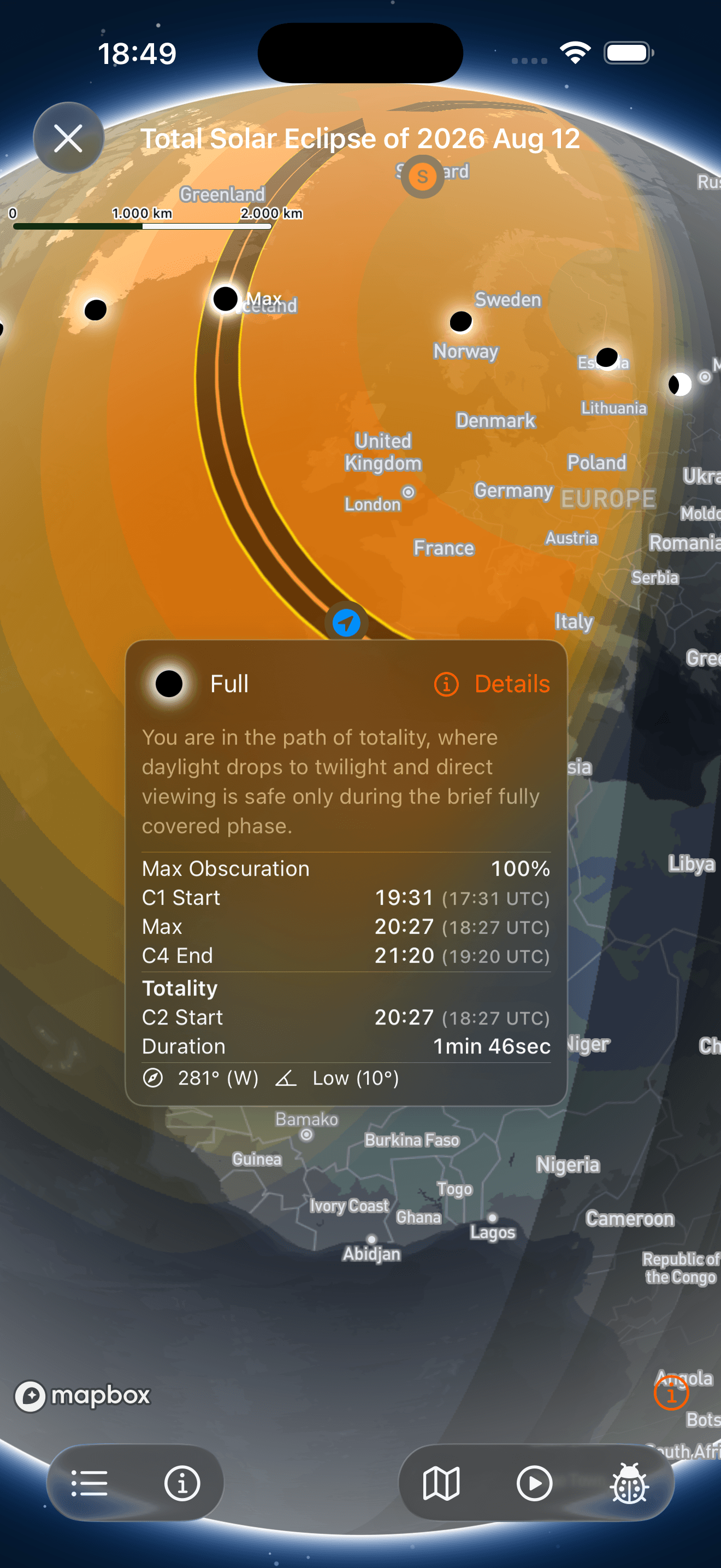 Local eclipse conditions popup in SolarWatch
