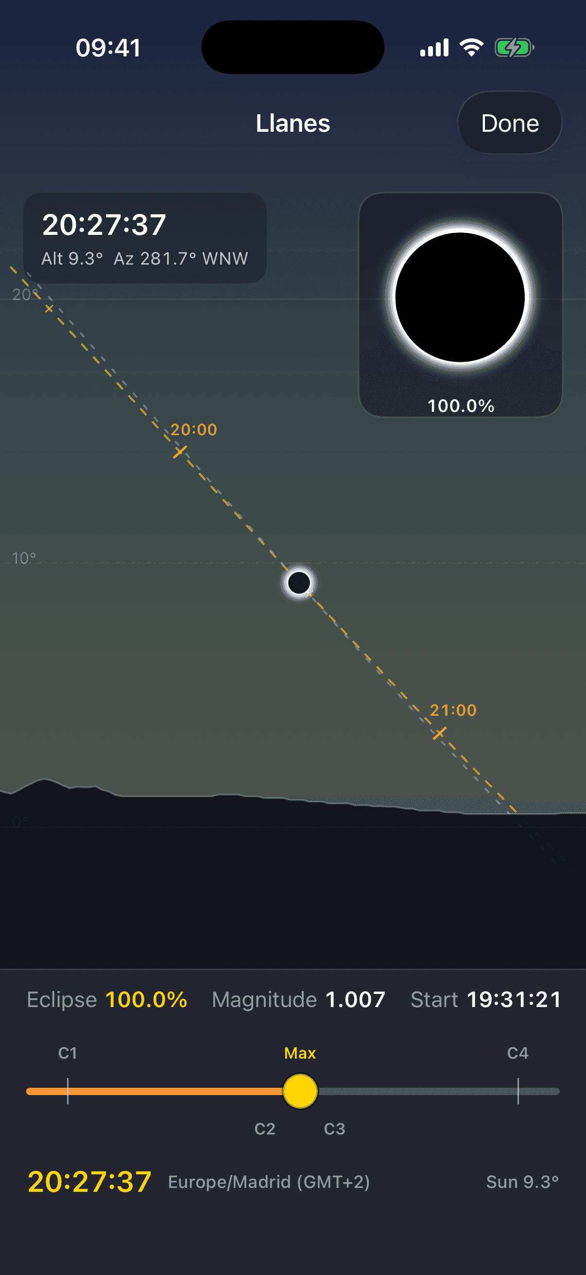 Anteprima SolarWatch della simulazione locale del cielo per Llanes