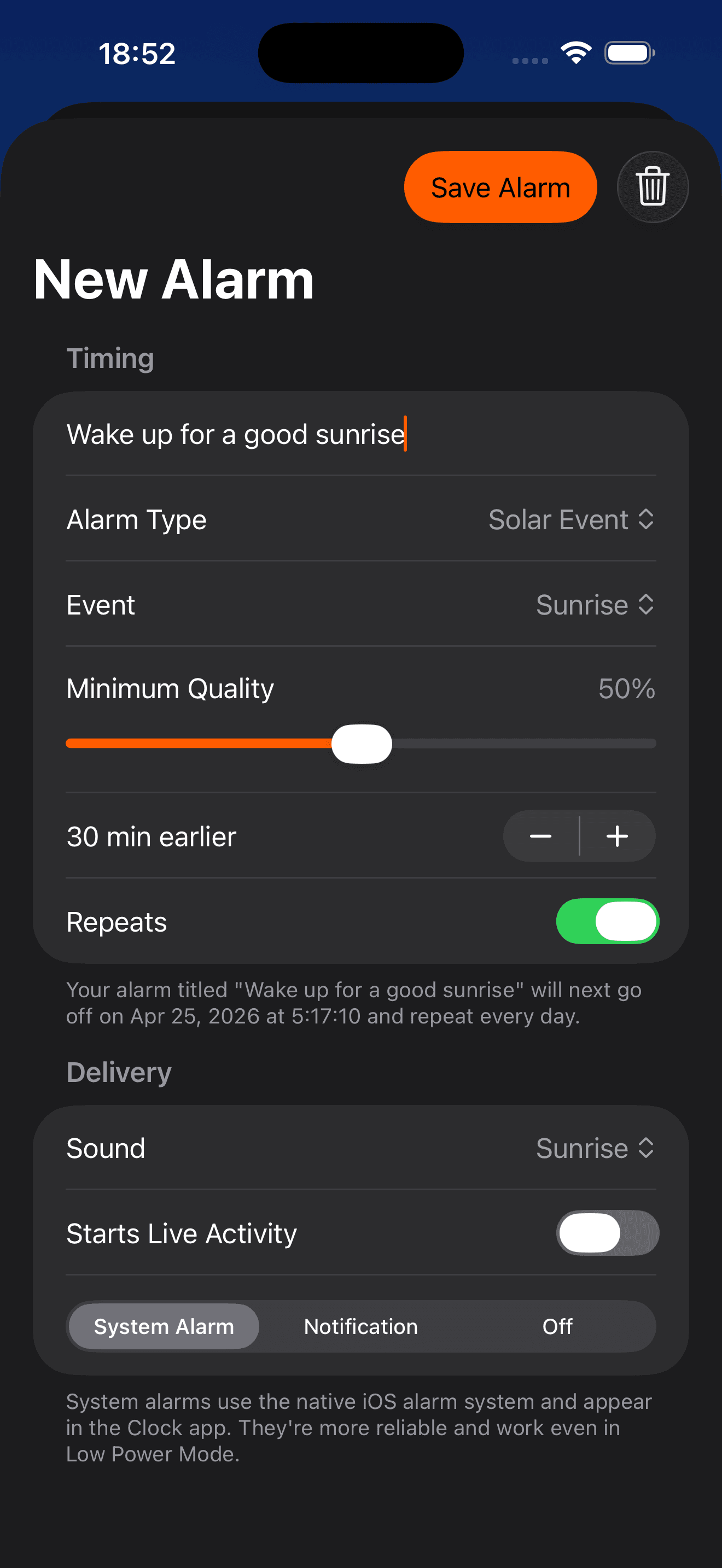 SolarWatch sunrise quality alarm