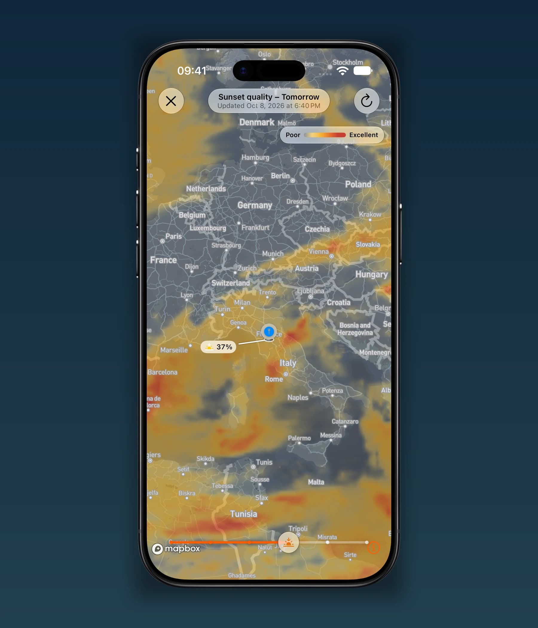 SolarWatch forecast map showing tomorrow's sunset quality across Europe, from poor to excellent