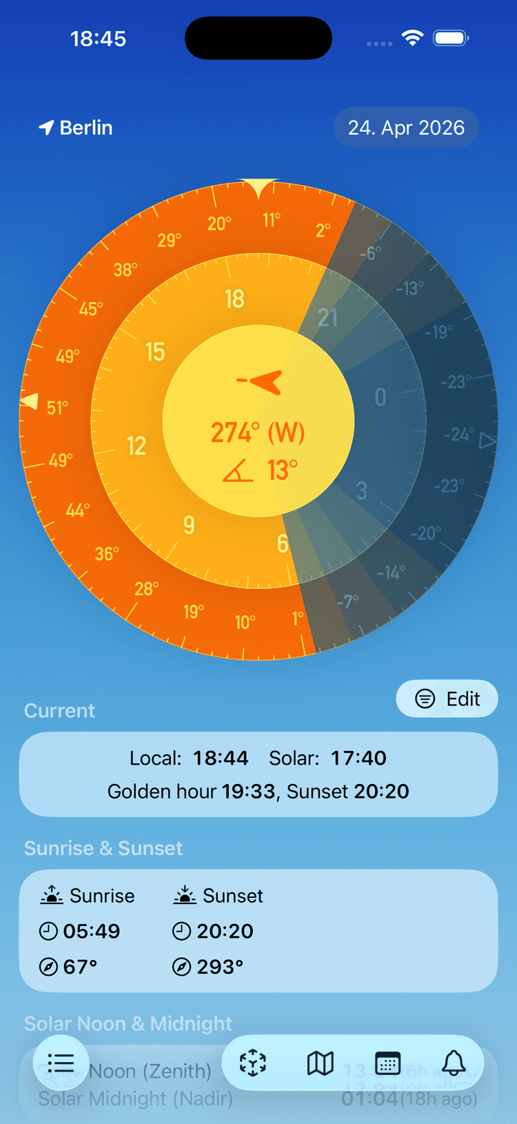 SolarWatch city detail screen with solar wheel and sun event times