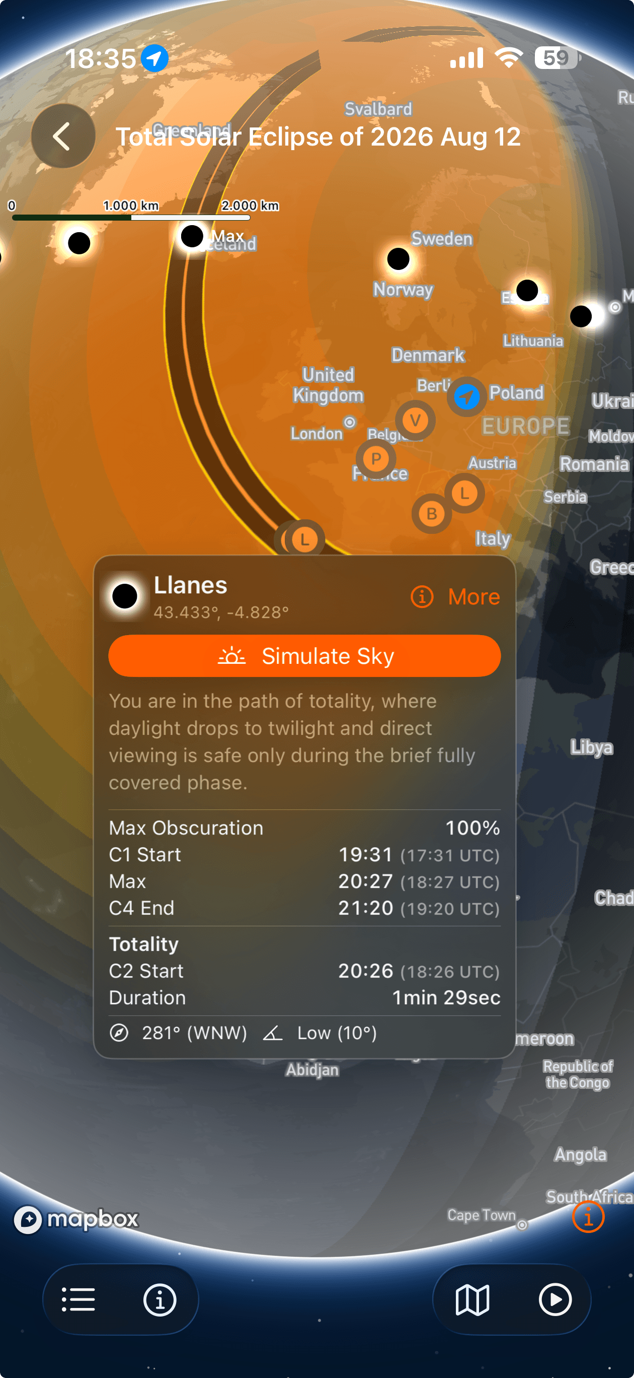 Local eclipse conditions popup in SolarWatch