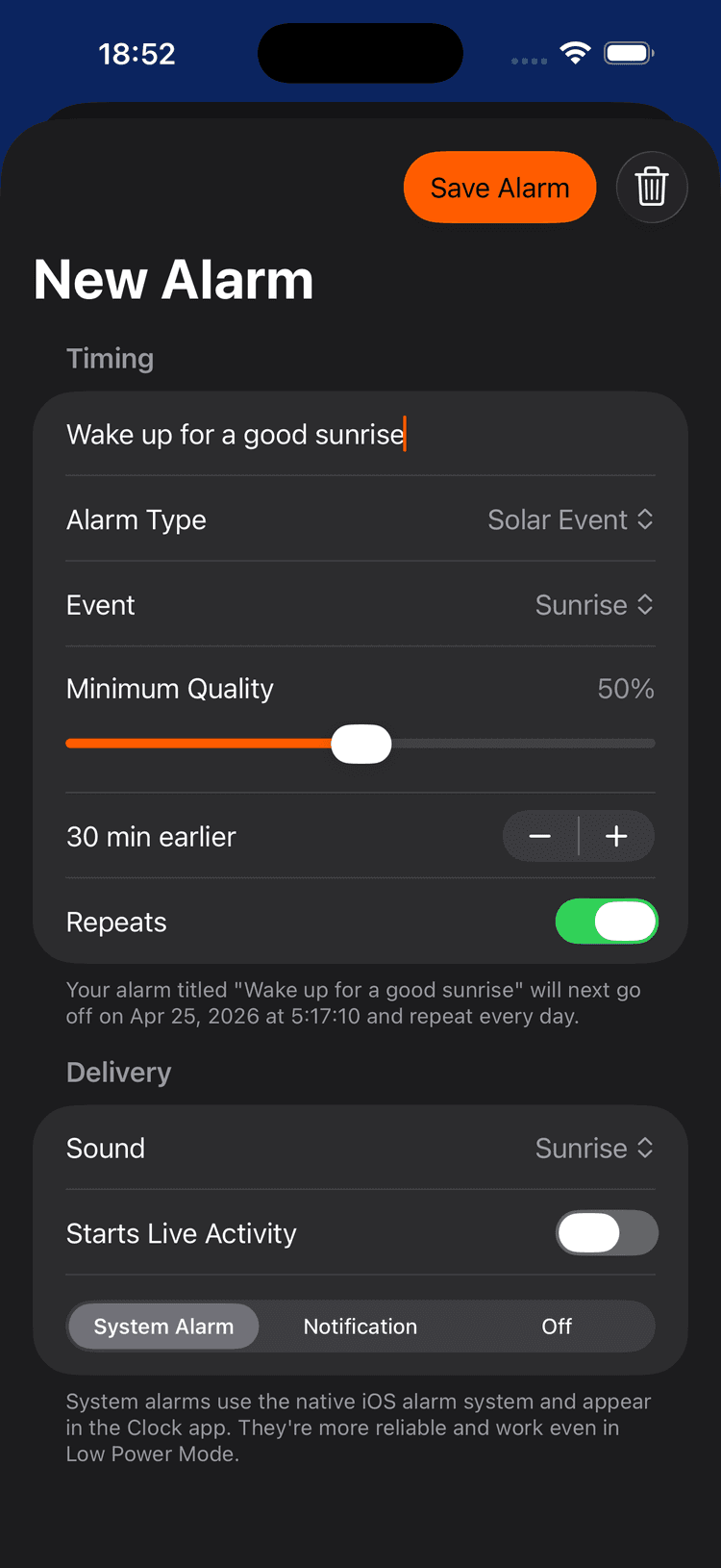 SolarWatch sunrise quality alarm screen