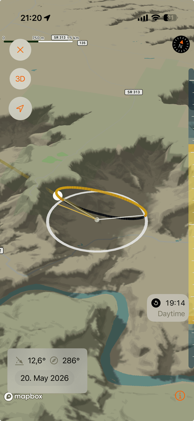 SolarWatch terrain shadows over a mountain landscape