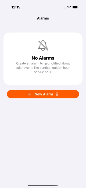 Sonnenalarme verwalten — Im iPhone-Simulator mit englischer Oberfläche aufgenommen.