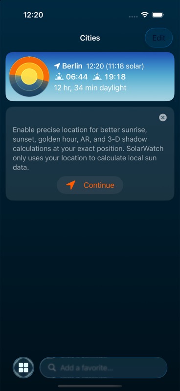 Adicionar cidades — Captura no simulador de iPhone com a interface em inglês.