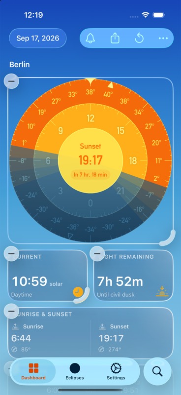 Dashboard bearbeiten — Im iPhone-Simulator mit englischer Oberfläche aufgenommen.