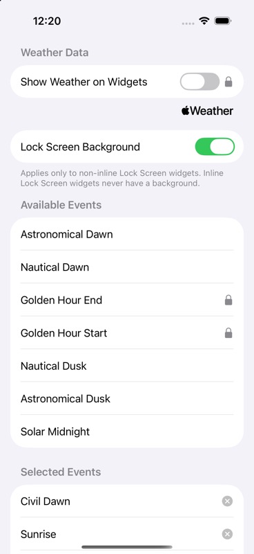Widget e complicazioni — Acquisita nel simulatore iPhone con l’interfaccia in inglese.