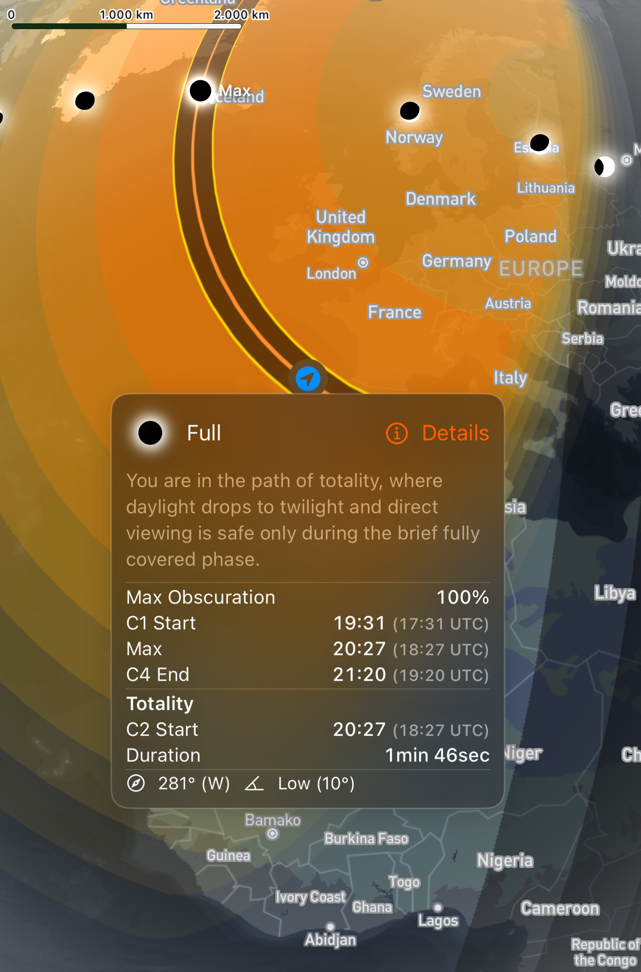 SolarWatch local circumstances for the August 12, 2026 eclipse