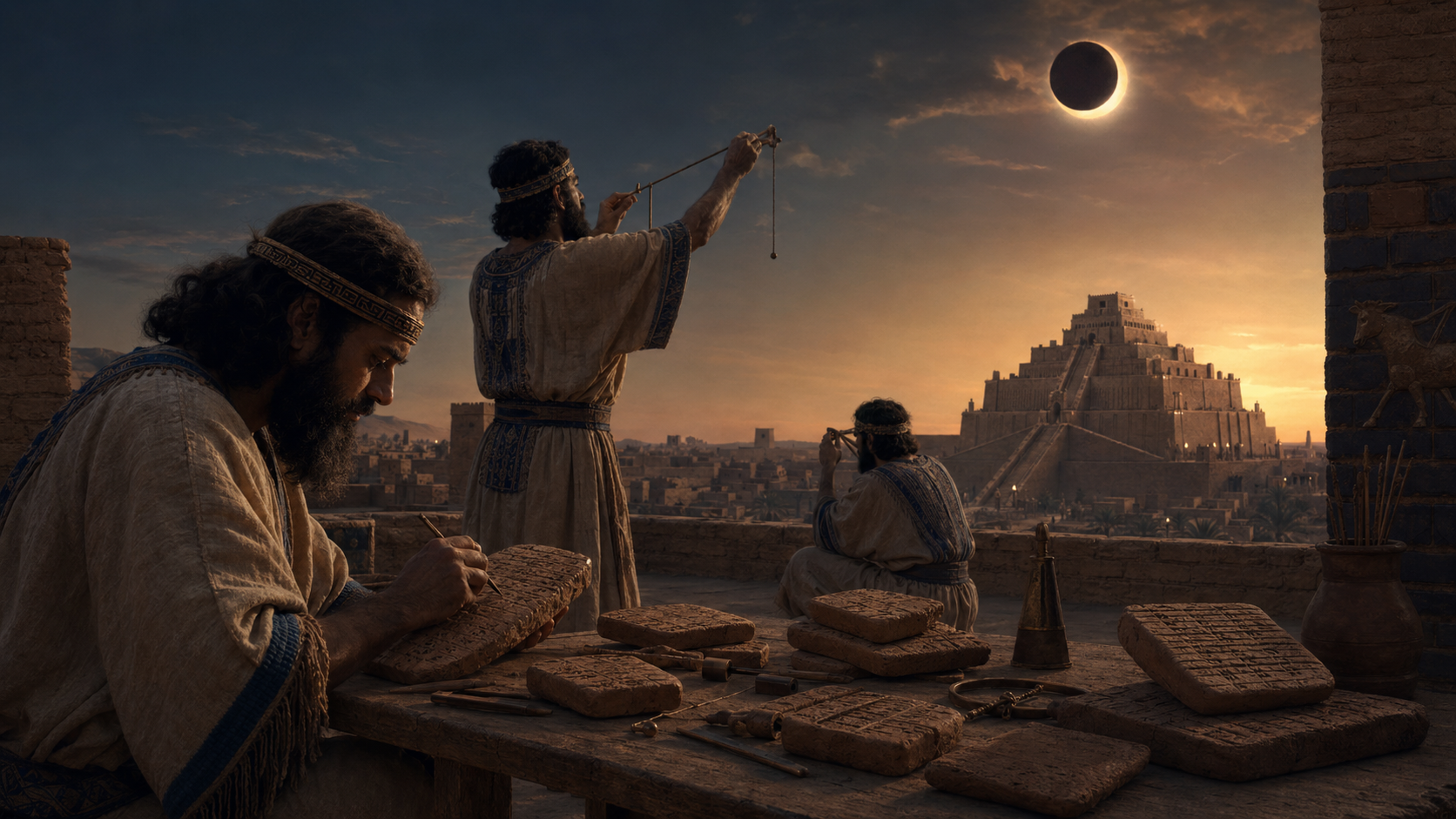 Babylonian astronomers studying eclipse records on clay tablets under a darkened sky