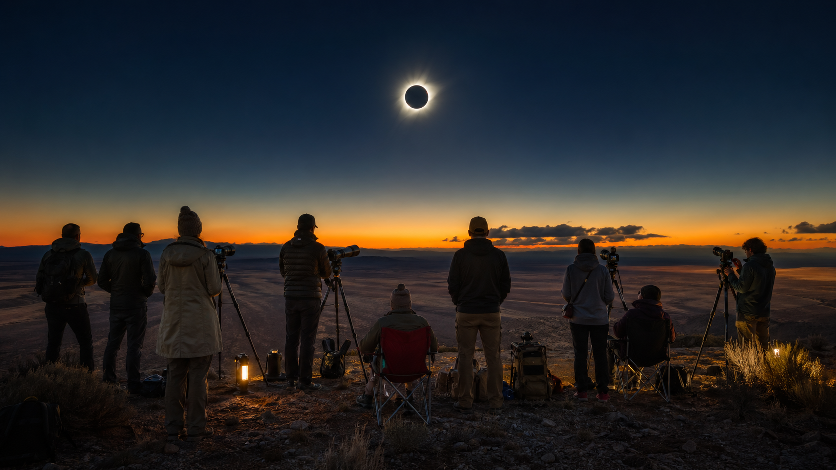 Modern eclipse chasers gathered with cameras and tripods as totality begins over a distant landscape