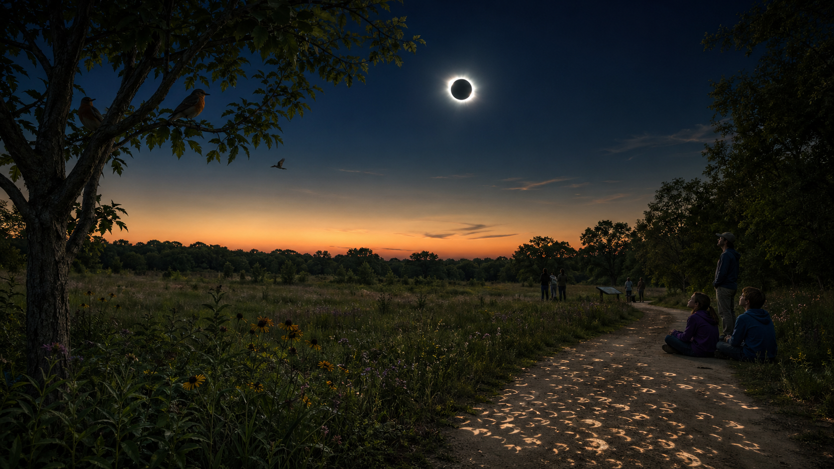 A meadow darkening during totality with birds settling in trees