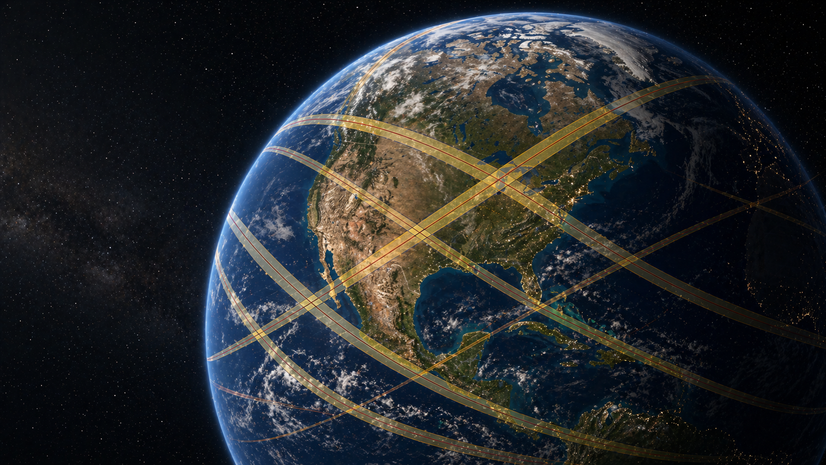Eclipse prediction paths projected across North America on a realistic globe