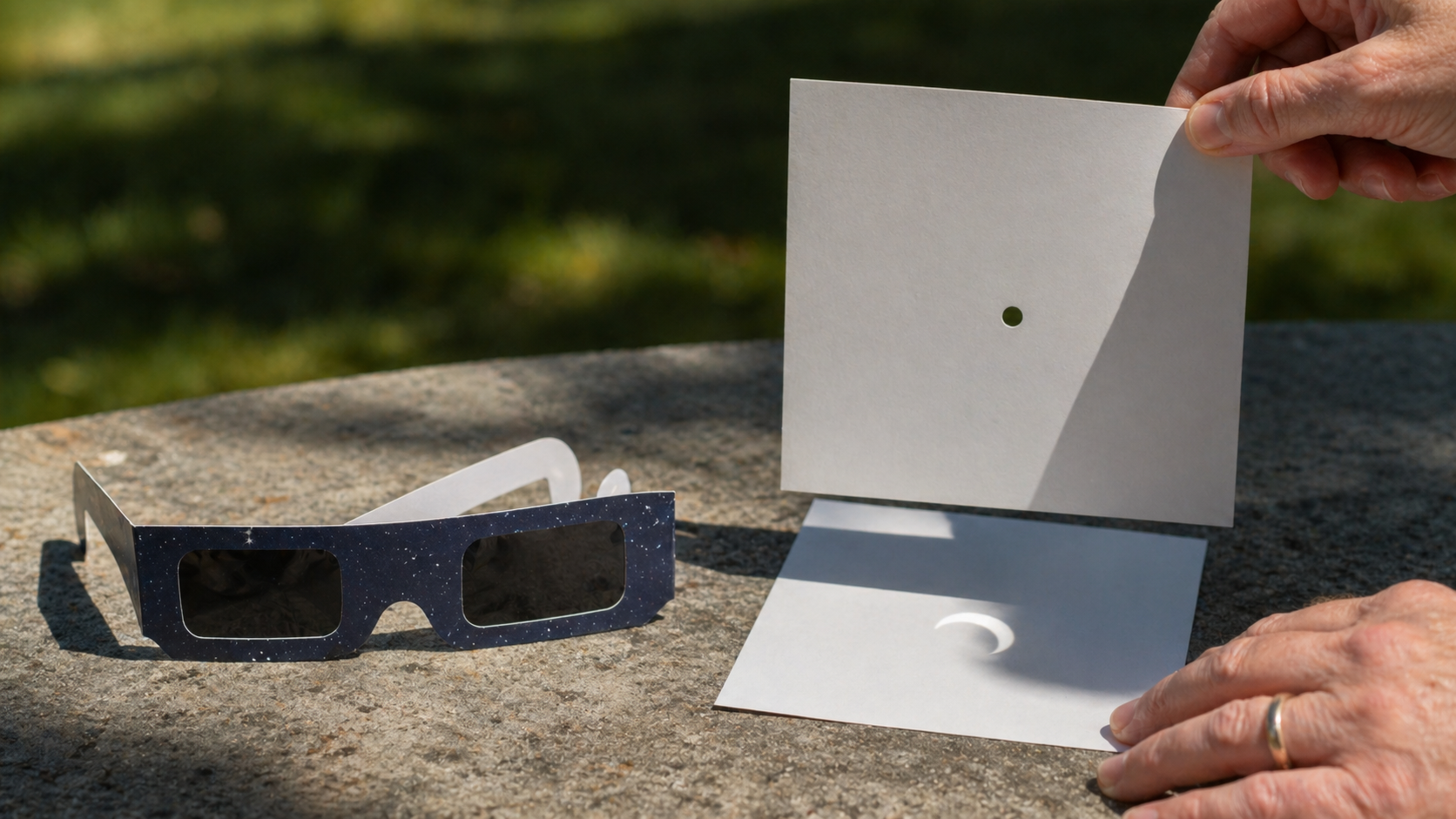 Eclipse glasses and a pinhole projector safely showing a crescent Sun