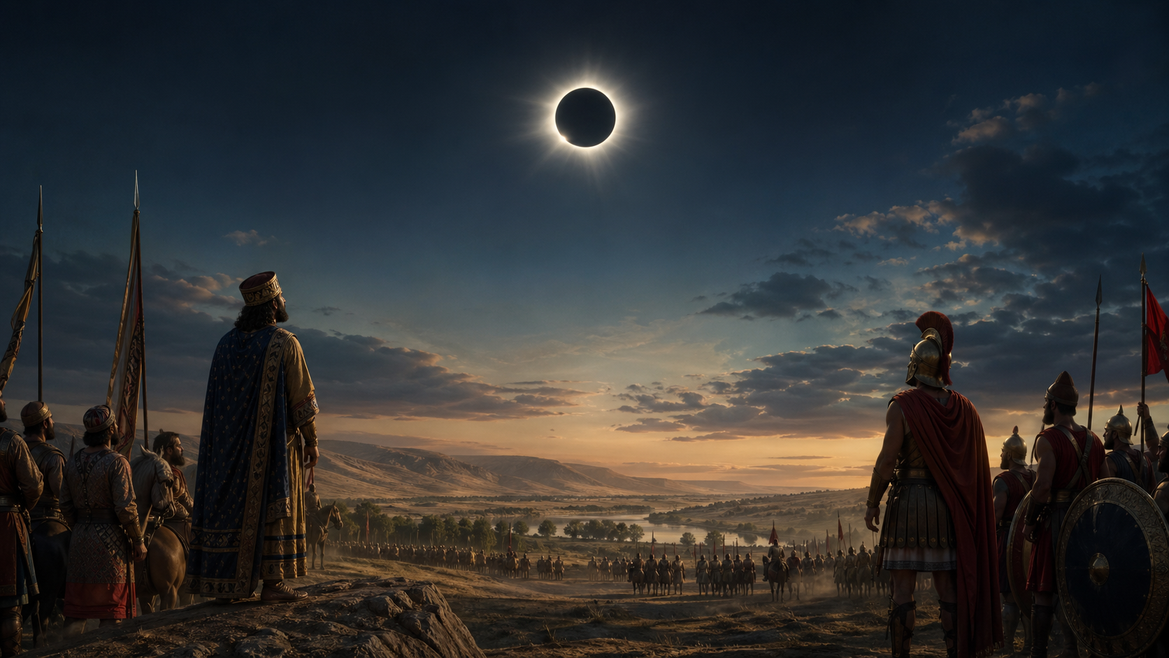 Ancient armies pausing under a darkened Sun during the Battle of Halys eclipse