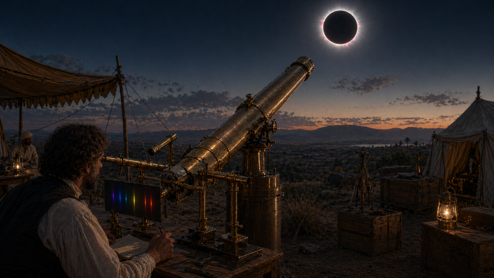 A 19th-century astronomer using a spectroscope during totality to discover helium in the Sun