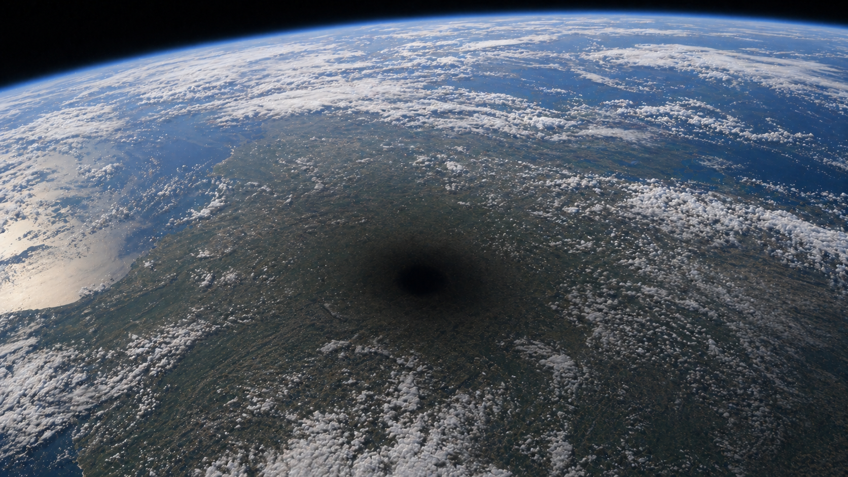 The Moon's umbra and penumbra forming an oval shadow on Earth