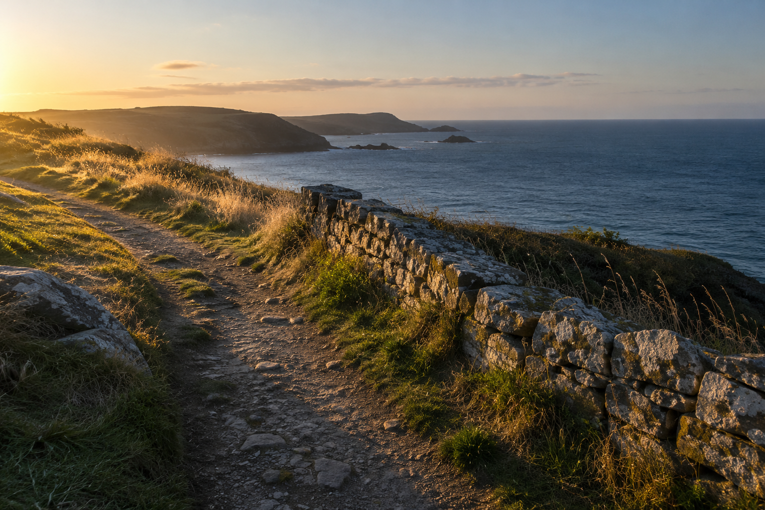 Низкий вечерний свет на каменной стене у моря и длинные тени на траве