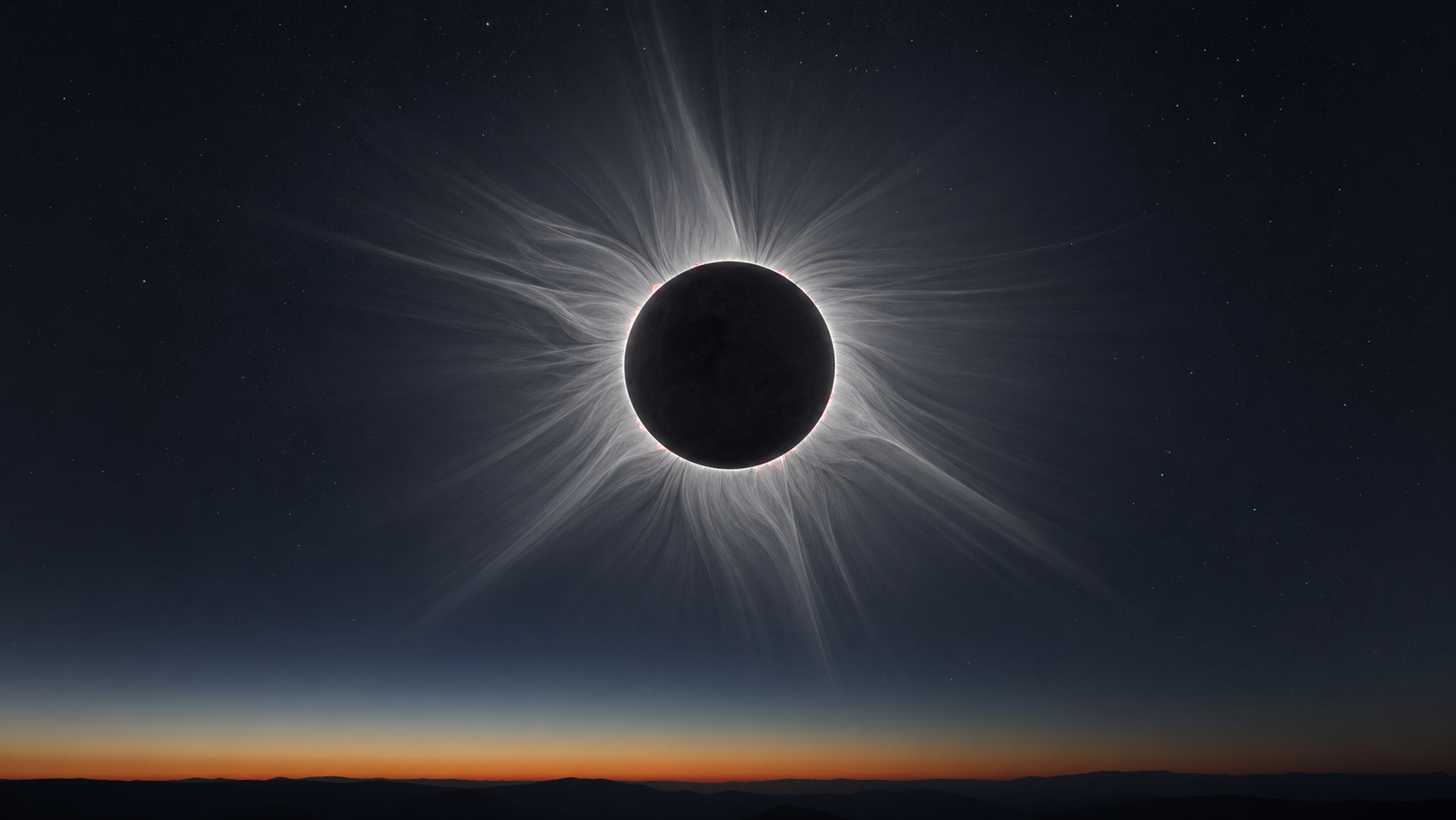 The solar corona visible around the Moon during totality