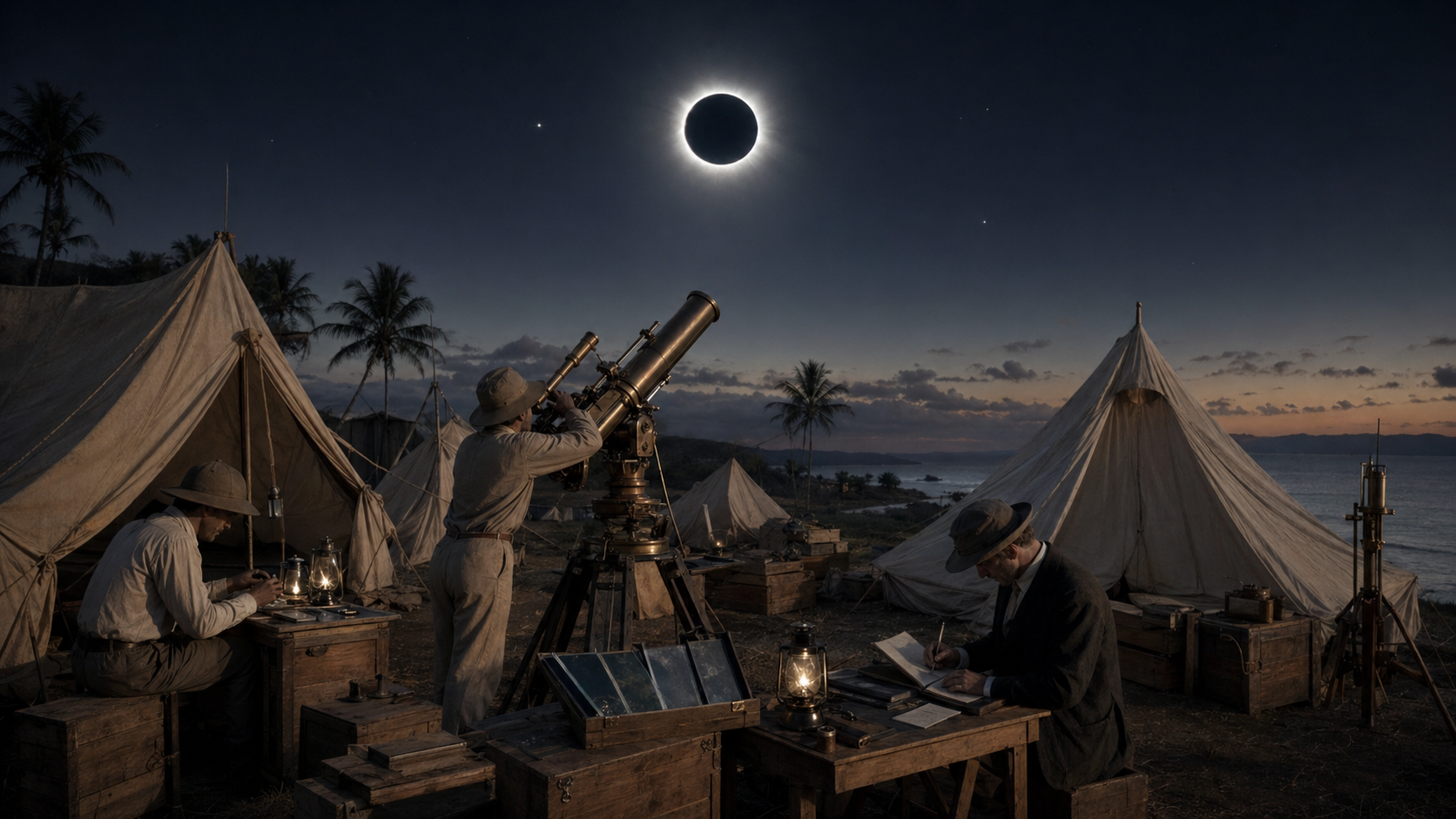 Astronomers photographing stars near the eclipsed Sun during the 1919 relativity expedition