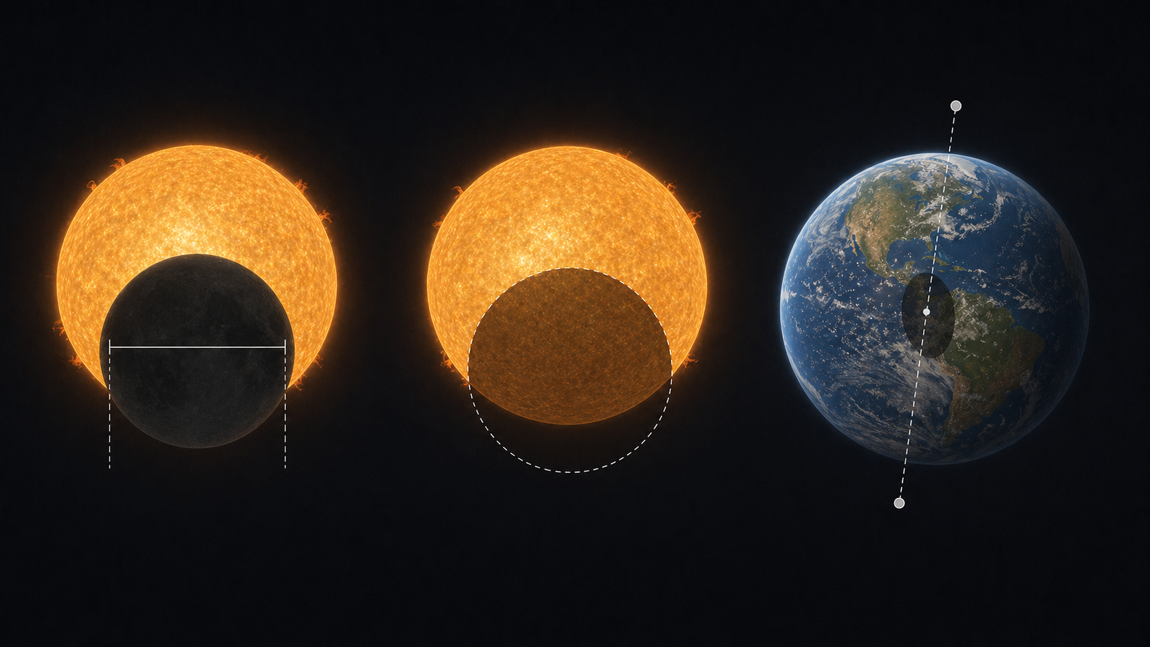 Solar eclipse magnitude, obscuration, and gamma visualized with Sun, Moon, and Earth geometry