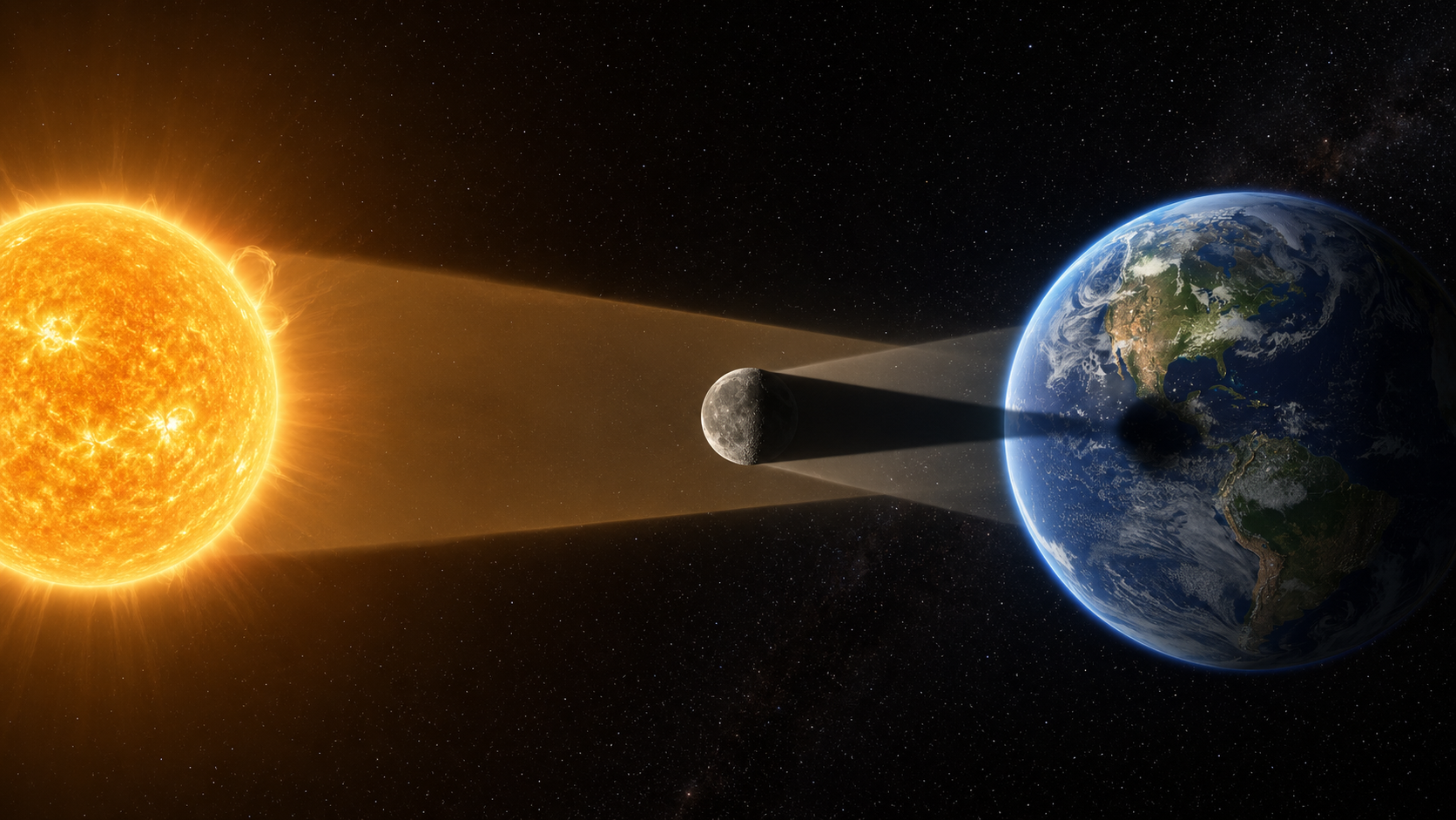 Sun, Moon, and Earth aligned during a solar eclipse
