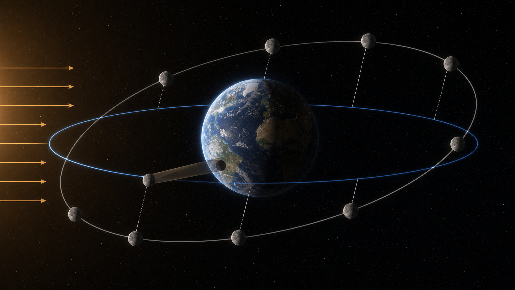 The Moon's tilted orbit usually carries its shadow above or below Earth